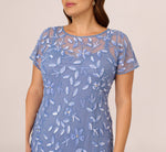 Plus Size Hand Beaded Short Sleeve Floral Godet Gown In French Blue 4