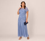 Plus Size Hand Beaded Short Sleeve Floral Godet Gown In French Blue 2
