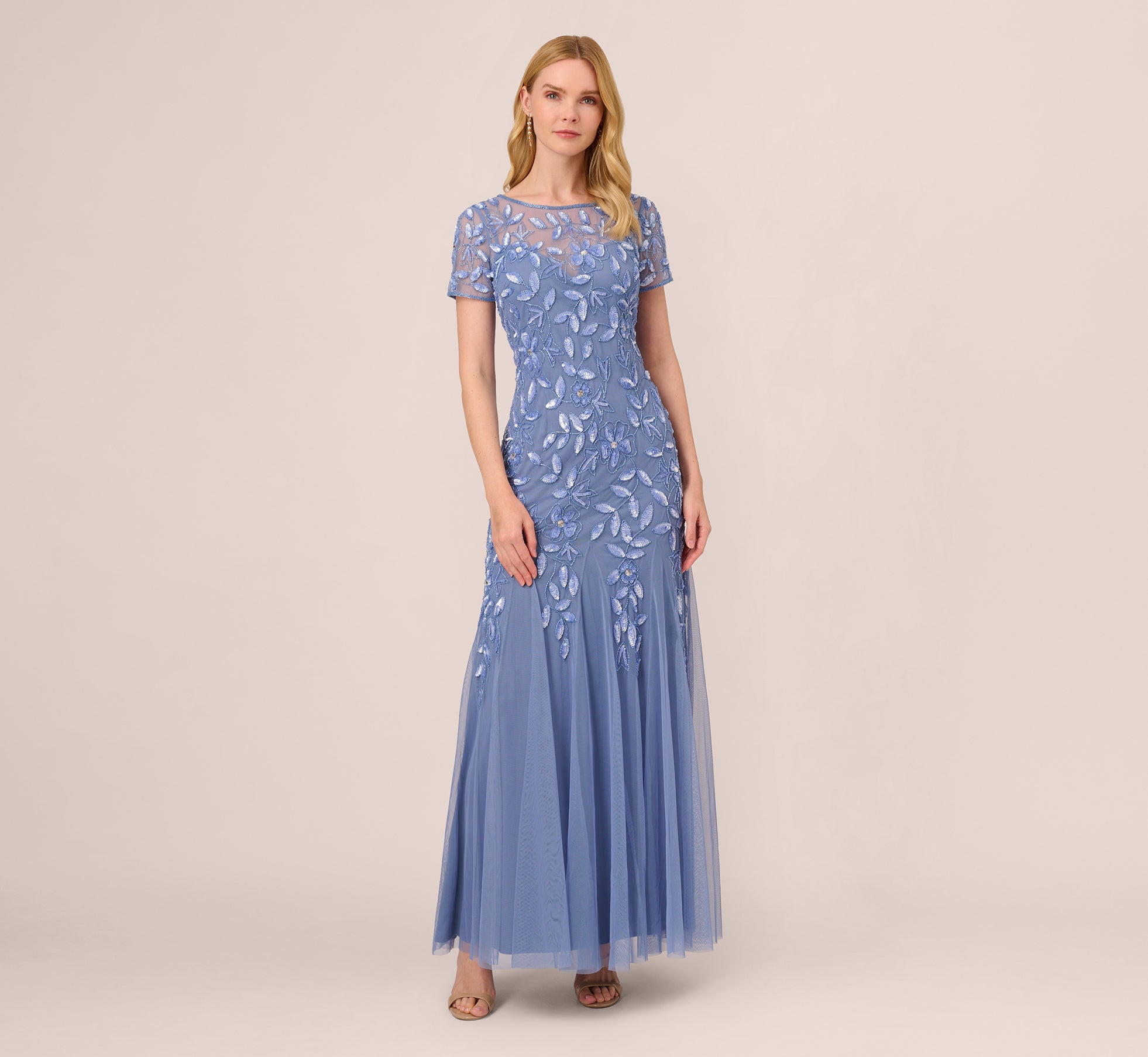 Blue Hand Beaded Short Sleeve Floral Godet Gown - Adrianna Papell Blue Hand Beaded Short Sleeve Floral Godet Gown - Adrianna Papell