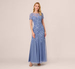 Hand Beaded Short Sleeve Floral Godet Gown In French Blue 3
