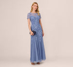 Hand Beaded Short Sleeve Floral Godet Gown In French Blue 2