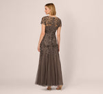 Hand Beaded Short Sleeve Floral Godet Gown In Lead 5