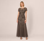 Hand Beaded Short Sleeve Floral Godet Gown In Lead 2
