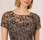 Hand Beaded Short Sleeve Floral Godet Gown In Lead 3
