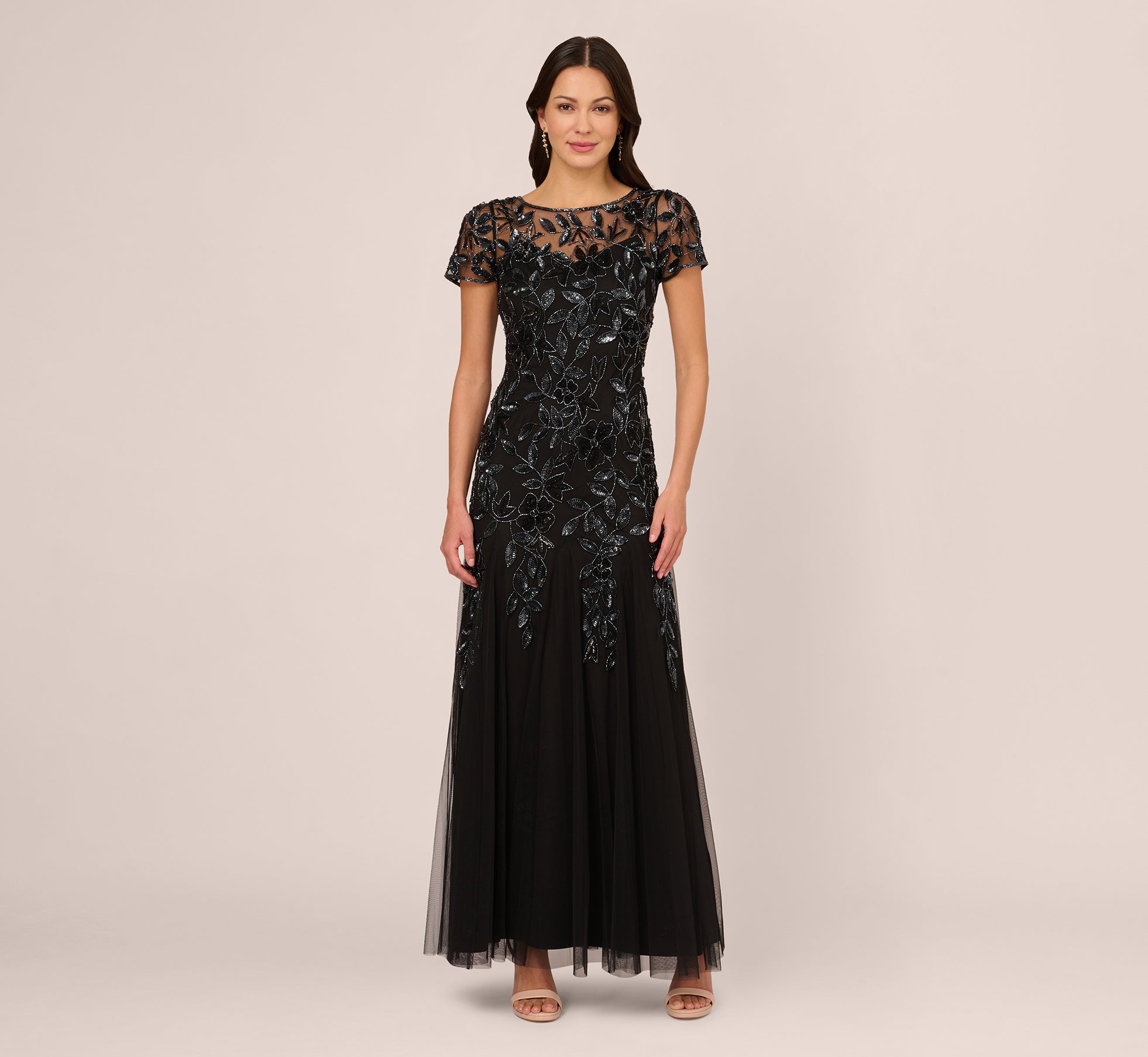 Black Hand Beaded Short Sleeve Floral Godet Gown - Adrianna Papell Black Hand Beaded Short Sleeve Floral Godet Gown - Adrianna Papell