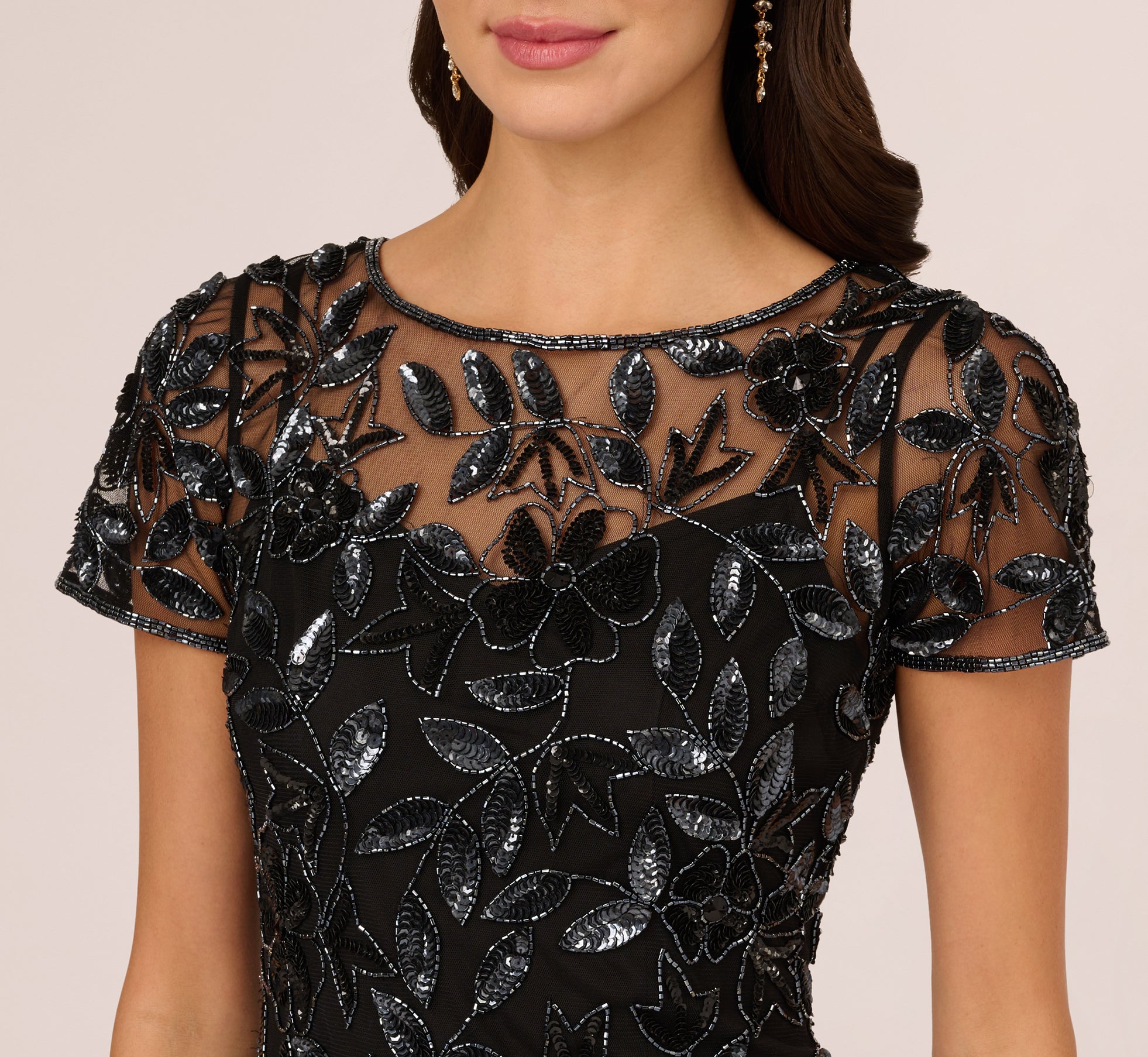 Black Hand Beaded Short Sleeve Floral Godet Gown - Adrianna Papell Black Hand Beaded Short Sleeve Floral Godet Gown - Adrianna Papell