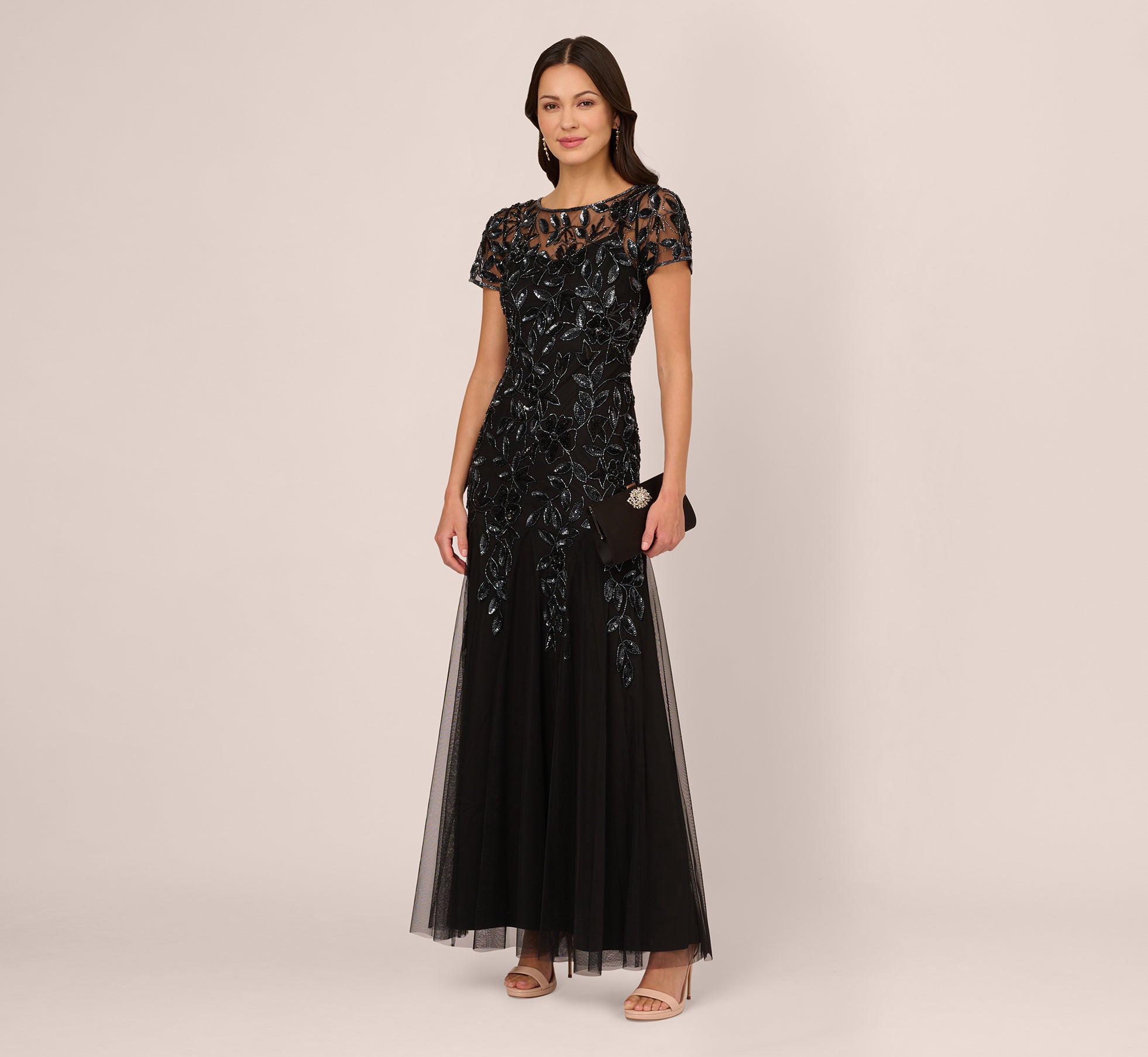 Hand Beaded Short Sleeve Floral Godet Gown In Black Gunmetal 1