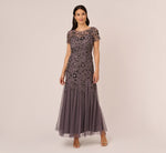 Hand Beaded Short Sleeve Floral Godet Gown In Moonscape 3