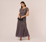 Hand Beaded Short Sleeve Floral Godet Gown In Moonscape 2