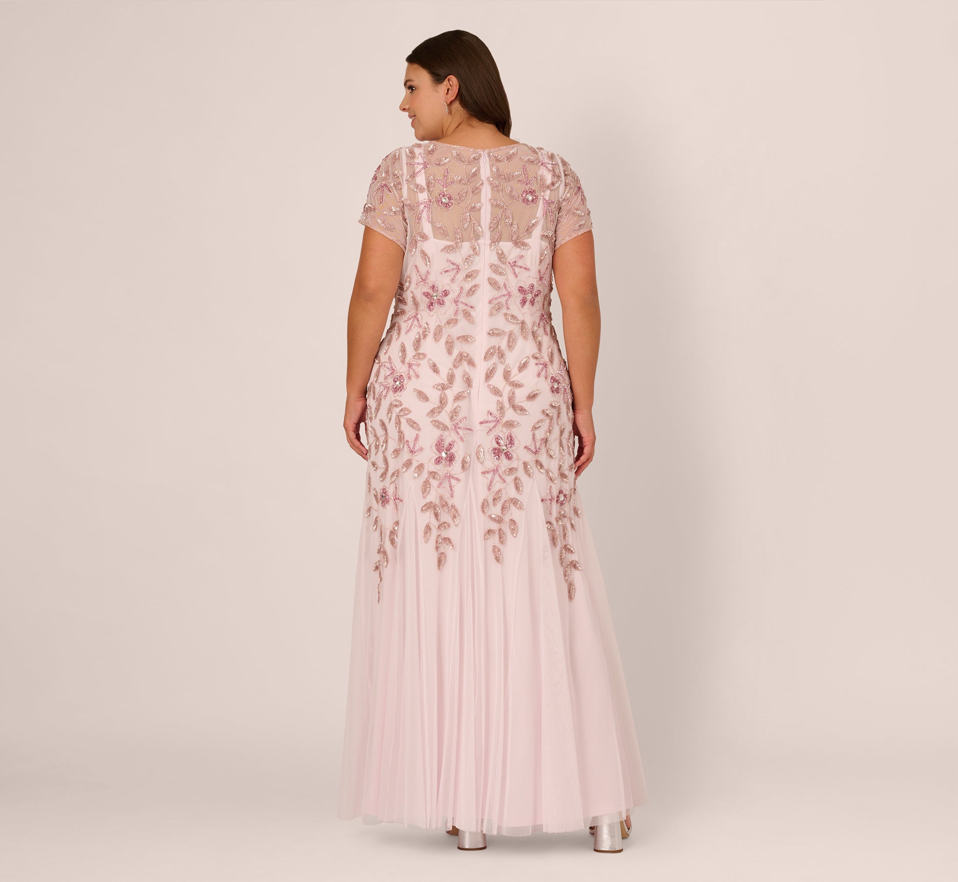 Blush Plus Size Hand Beaded Short Sleeve Floral Godet Gown - Adrianna ...