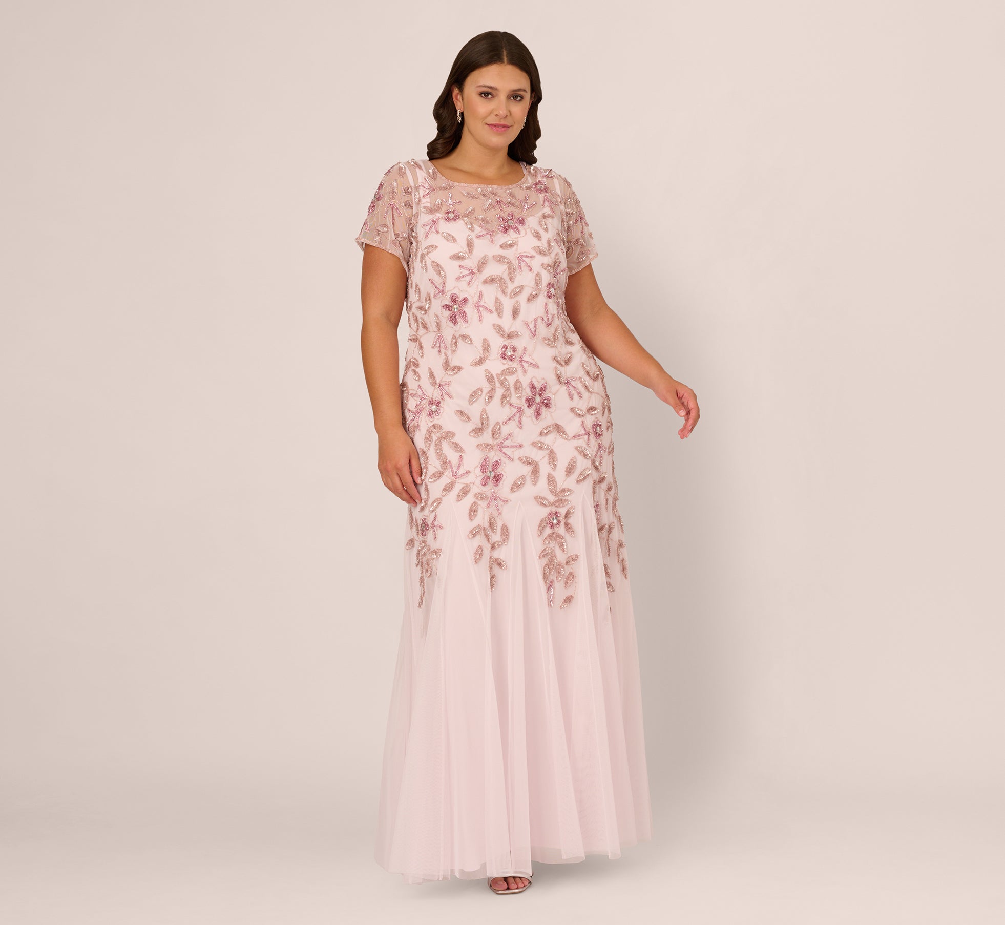 Plus Size Hand Beaded Short Sleeve Floral Godet Gown in Blush Pink