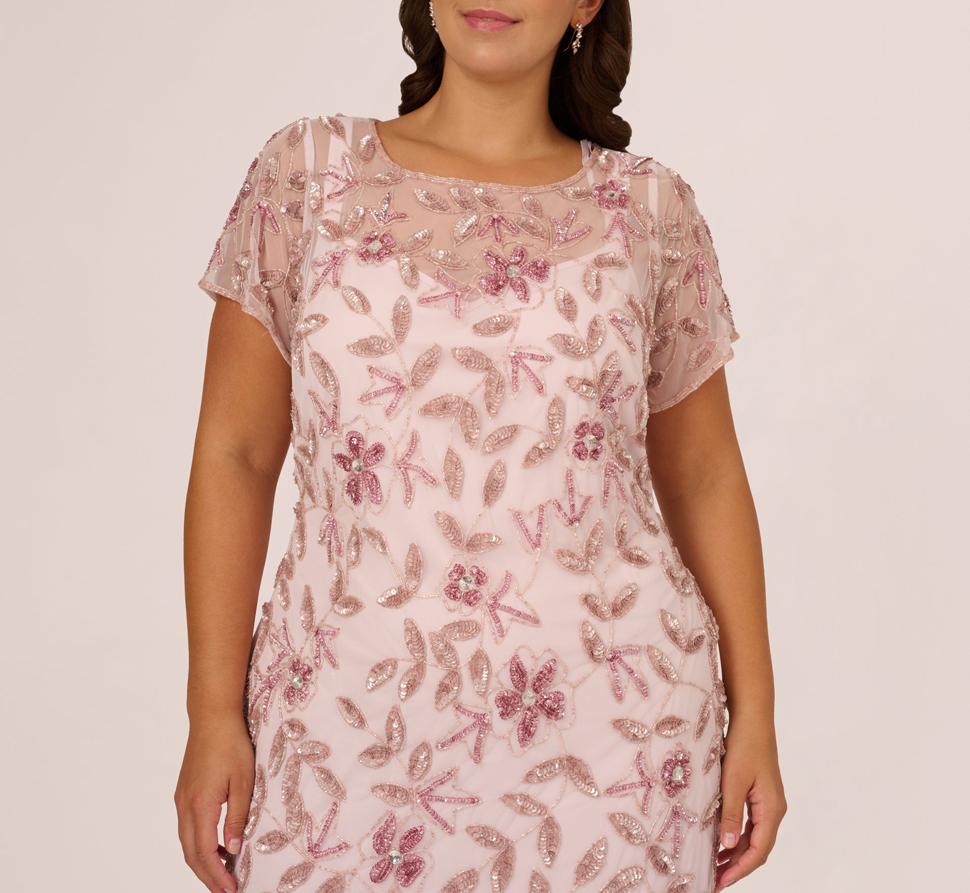 Blush Plus Size Hand Beaded Short Sleeve Floral Godet Gown - Adrianna ...