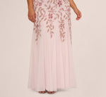 Plus Size Hand Beaded Short Sleeve Floral Godet Gown In Blush Pink 4