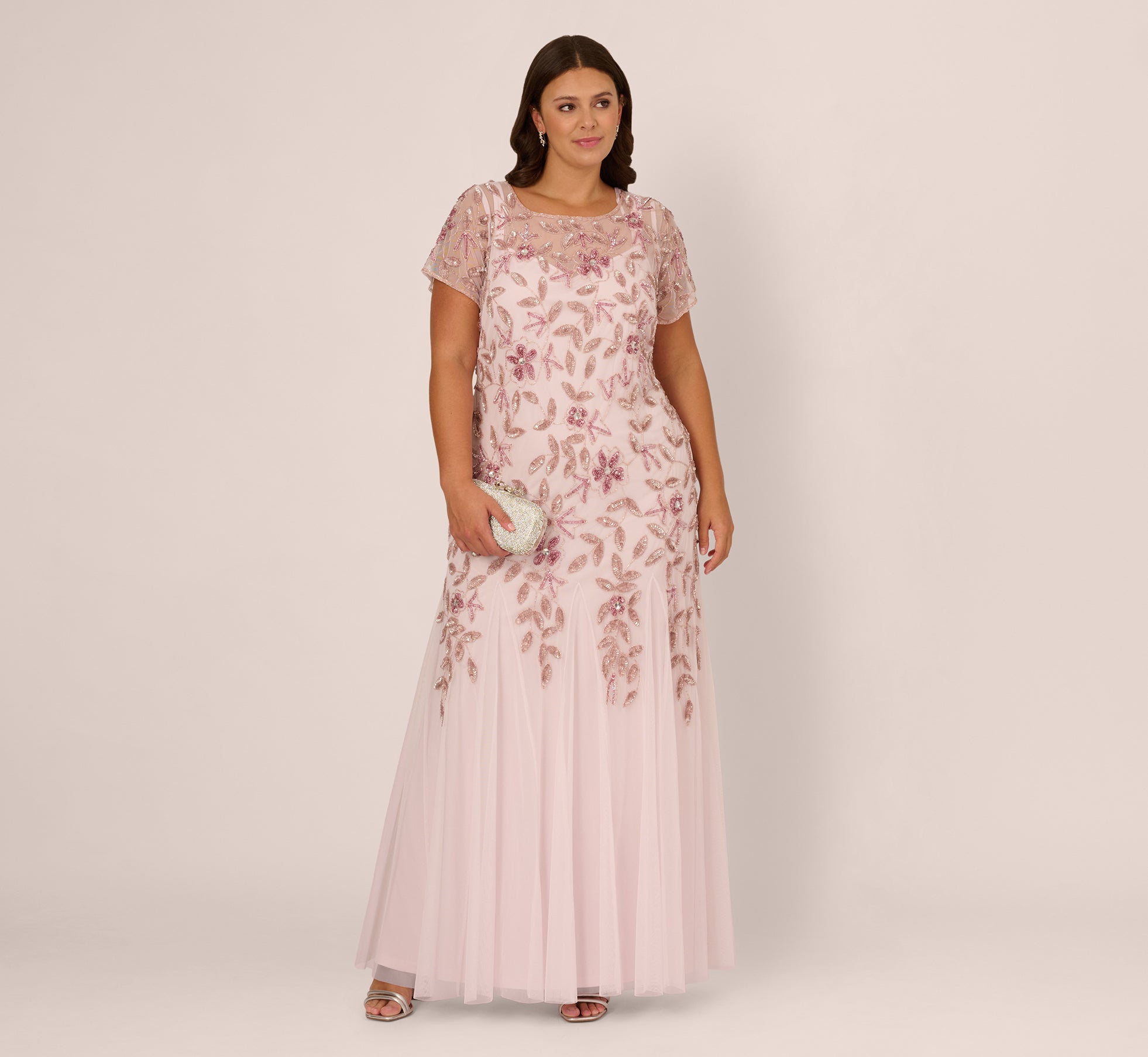Plus Size Hand Beaded Short Sleeve Floral Godet Gown In Blush Pink 1