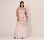 Plus Size Hand Beaded Short Sleeve Floral Godet Gown In Blush Pink 1