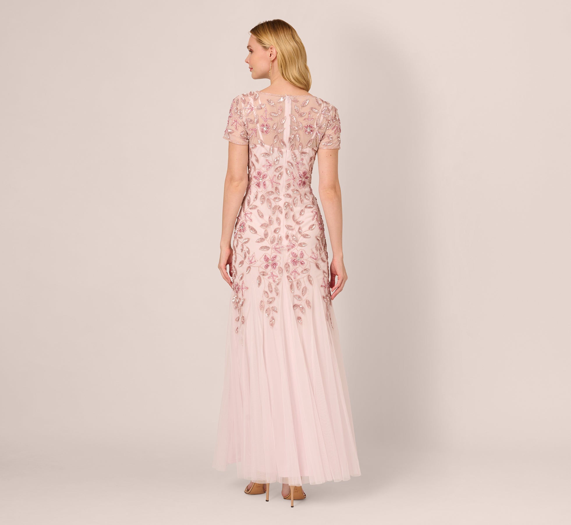 Blush Hand Beaded Short Sleeve Floral Godet Gown - Adrianna Papell Blush Hand Beaded Short Sleeve Floral Godet Gown - Adrianna Papell