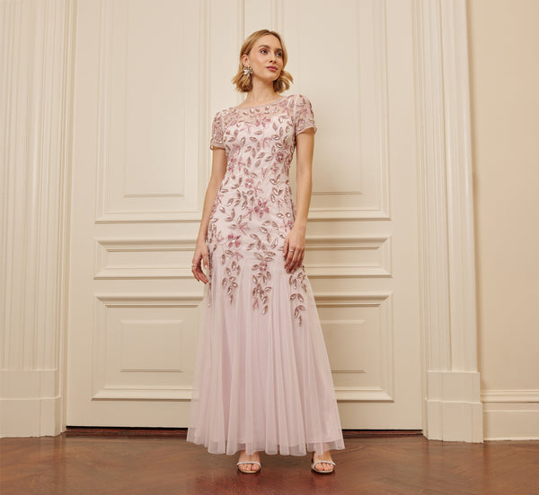 Hand Beaded Short Sleeve Floral Godet Gown In Blush Pink Hand Beaded Short Sleeve Floral Godet Gown In Blush Pink