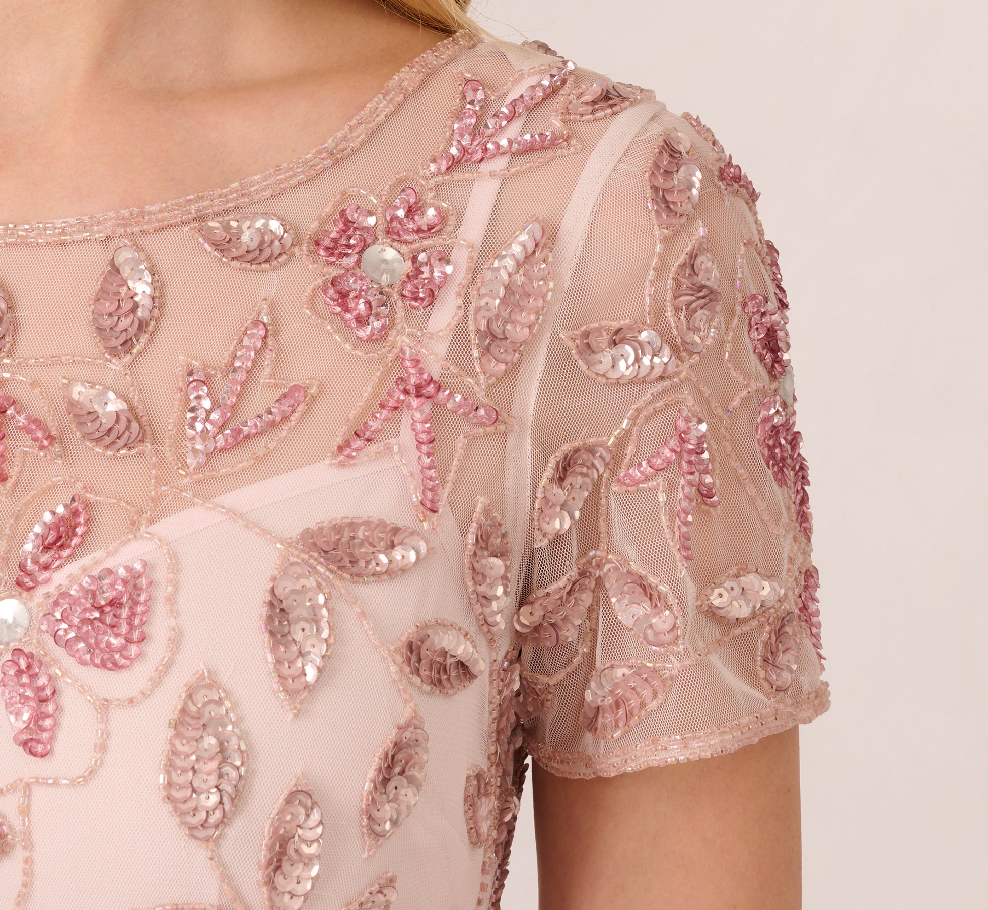 Blush Hand Beaded Short Sleeve Floral Godet Gown - Adrianna Papell Blush Hand Beaded Short Sleeve Floral Godet Gown - Adrianna Papell