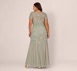 Plus Size Hand Beaded Short Sleeve Floral Godet Gown In Frosted Sage 5