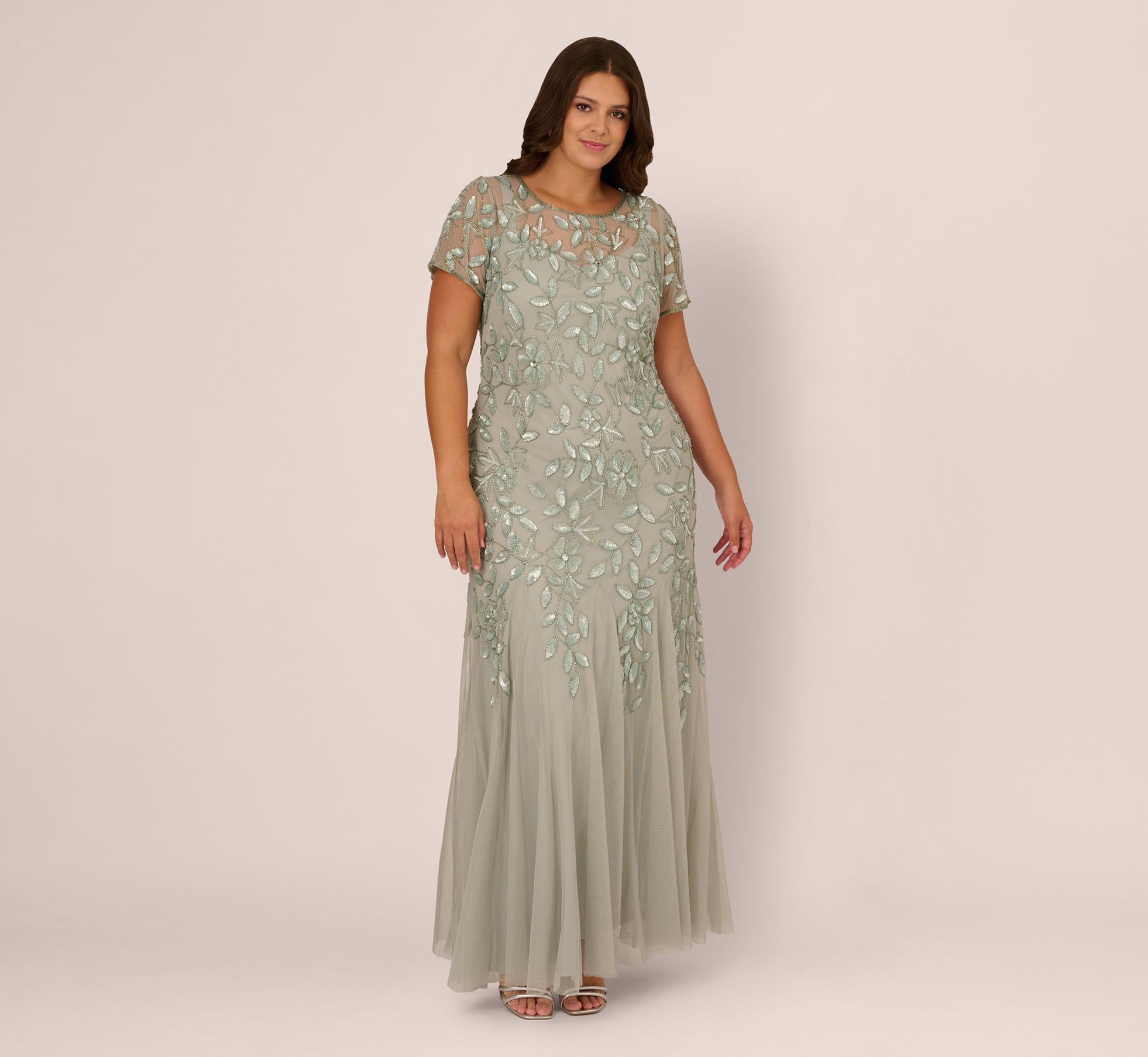 Plus Size Hand Beaded Short Sleeve Floral Godet Gown In Frosted Sage Plus Size Hand Beaded Short Sleeve Floral Godet Gown In Frosted Sage