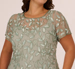 Plus Size Hand Beaded Short Sleeve Floral Godet Gown In Frosted Sage 3