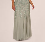 Plus Size Hand Beaded Short Sleeve Floral Godet Gown In Frosted Sage 4