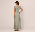 Hand Beaded Short Sleeve Floral Godet Gown In Frosted Sage 6