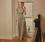off shoulder dress with floral embellishment in frosted sage Off-the-Shoulder A-Line Maxi Dress with 3D Floral Appliques and Lace-Up Back