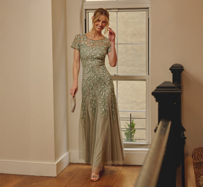 Green Hand Beaded Short Sleeve Floral Godet Gown - Adrianna Papell