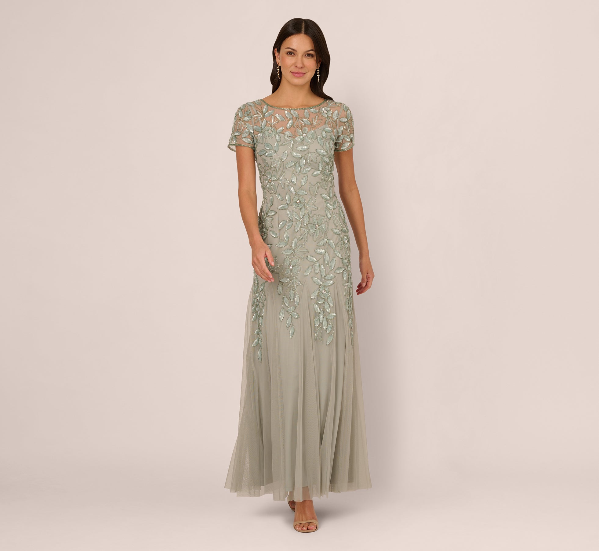 Green Hand Beaded Short Sleeve Floral Godet Gown - Adrianna Papell Green Hand Beaded Short Sleeve Floral Godet Gown - Adrianna Papell