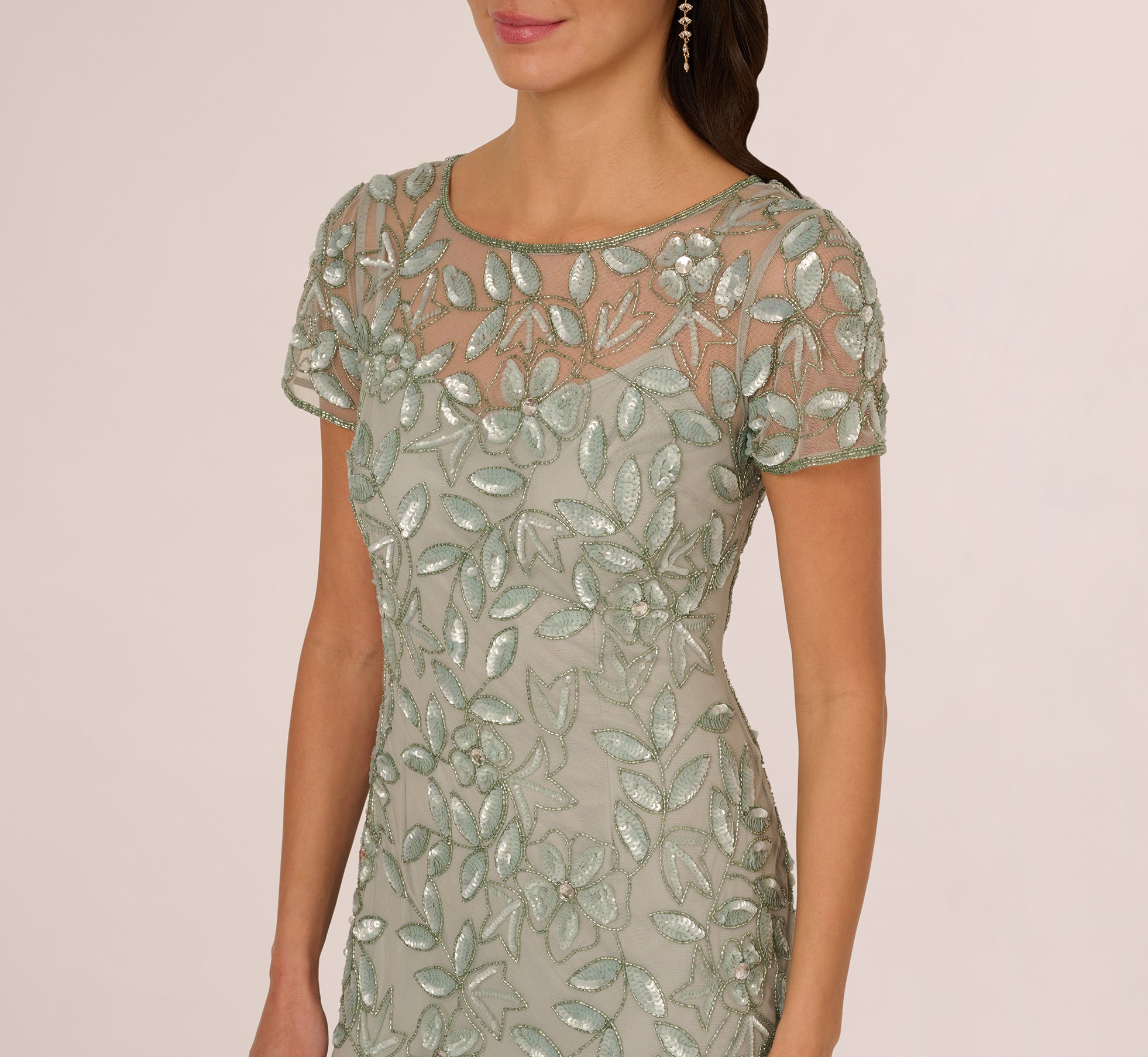 Green Hand Beaded Short Sleeve Floral Godet Gown - Adrianna Papell