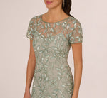 Hand Beaded Short Sleeve Floral Godet Gown In Frosted Sage 4