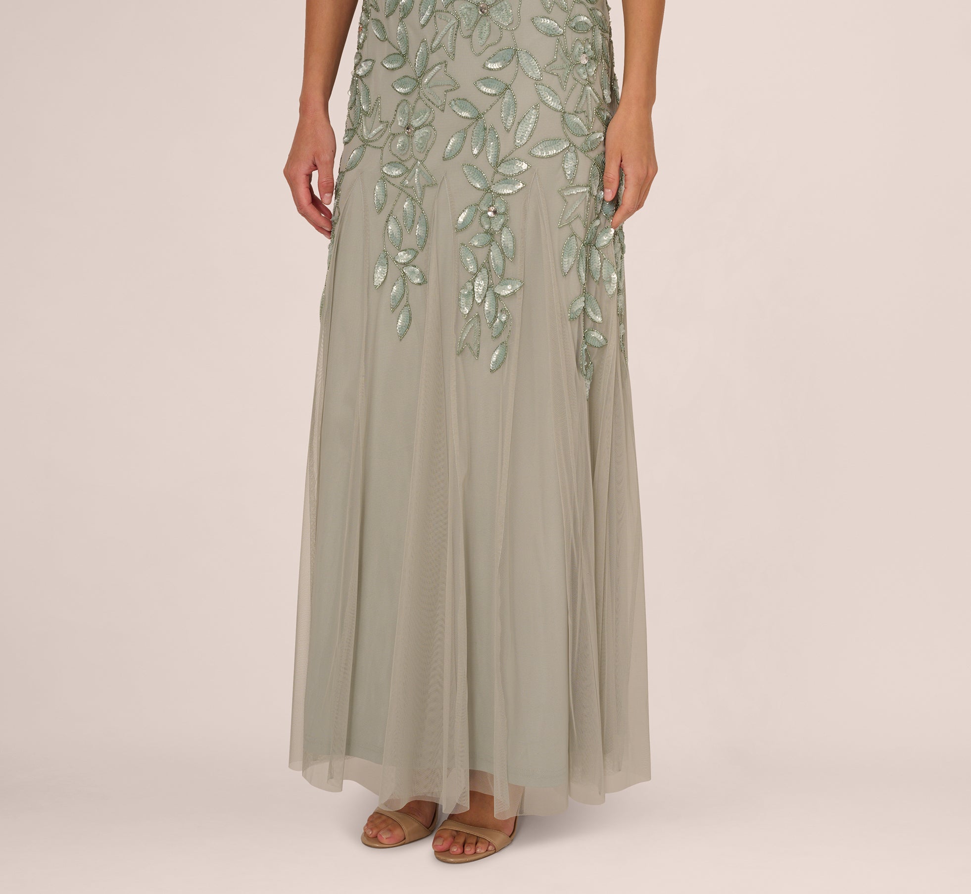 Green Hand Beaded Short Sleeve Floral Godet Gown - Adrianna Papell