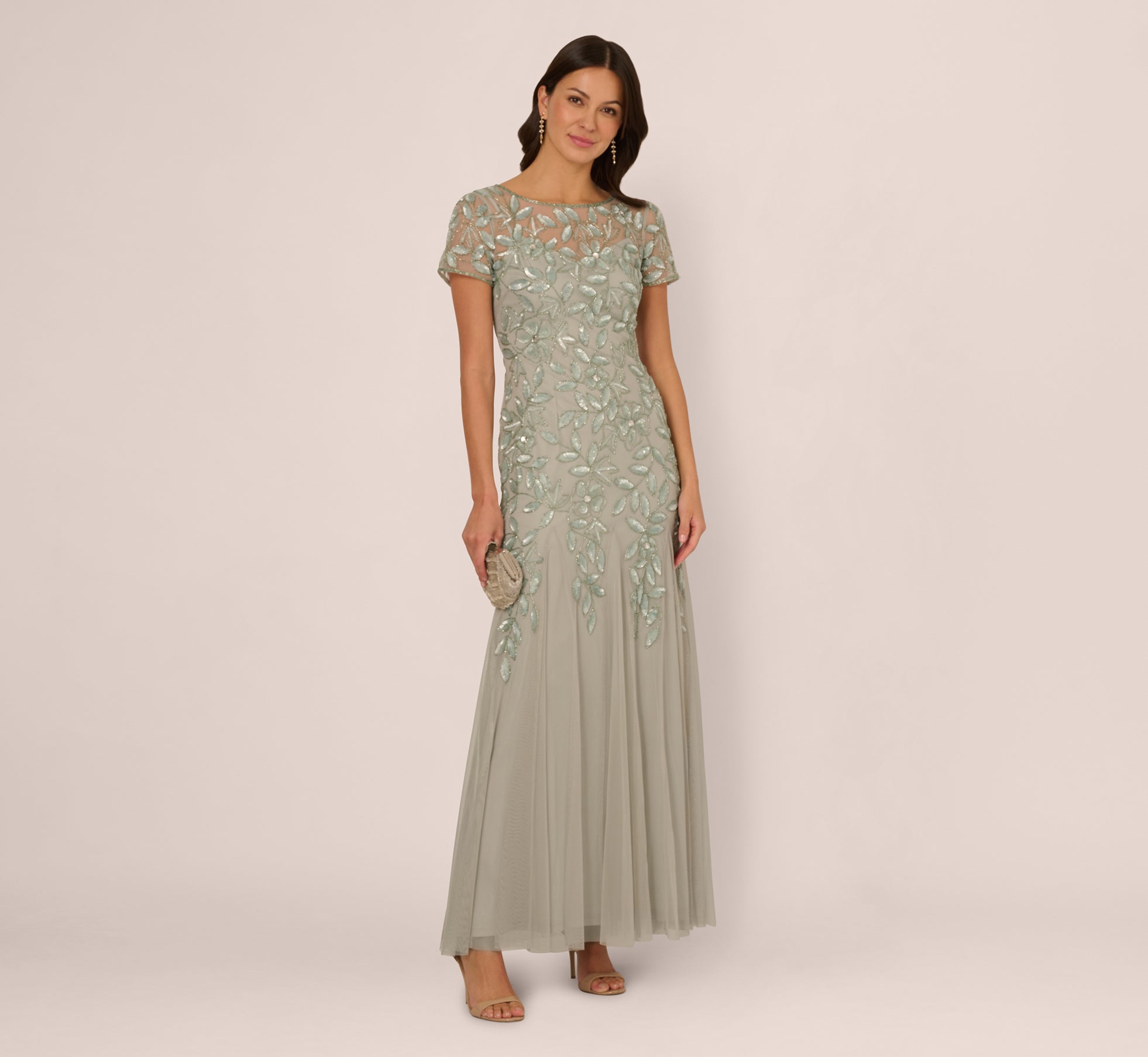 beaded godet dress Green Hand Beaded Short Sleeve Floral Godet Gown