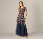 Petite Hand Beaded Short Sleeve Floral Godet Gown In Navy Rosegold 2