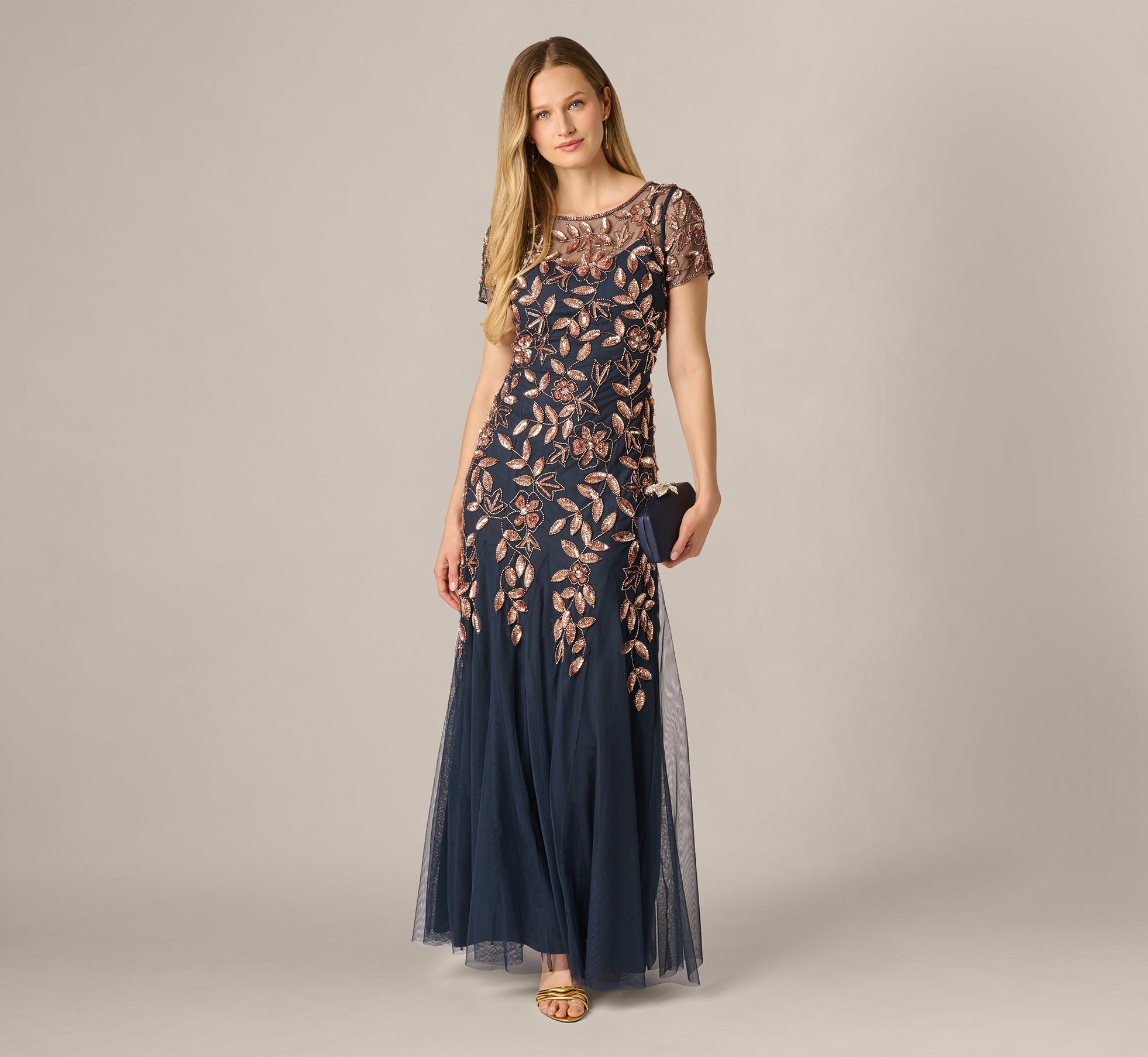 Petite Hand Beaded Short Sleeve Floral Godet Gown In Navy Rosegold 1