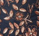 Hand Beaded Short Sleeve Floral Godet Gown In Navy Rosegold 6