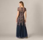 Hand Beaded Short Sleeve Floral Godet Gown In Navy Rosegold 5