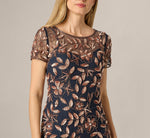 Hand Beaded Short Sleeve Floral Godet Gown In Navy Rosegold 3