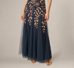 Hand Beaded Short Sleeve Floral Godet Gown In Navy Rosegold 4