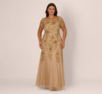 Plus Size Hand Beaded Short Sleeve Floral Godet Gown In Champagne Gold 2