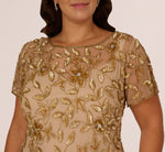 Plus Size Hand Beaded Short Sleeve Floral Godet Gown In Champagne Gold 3