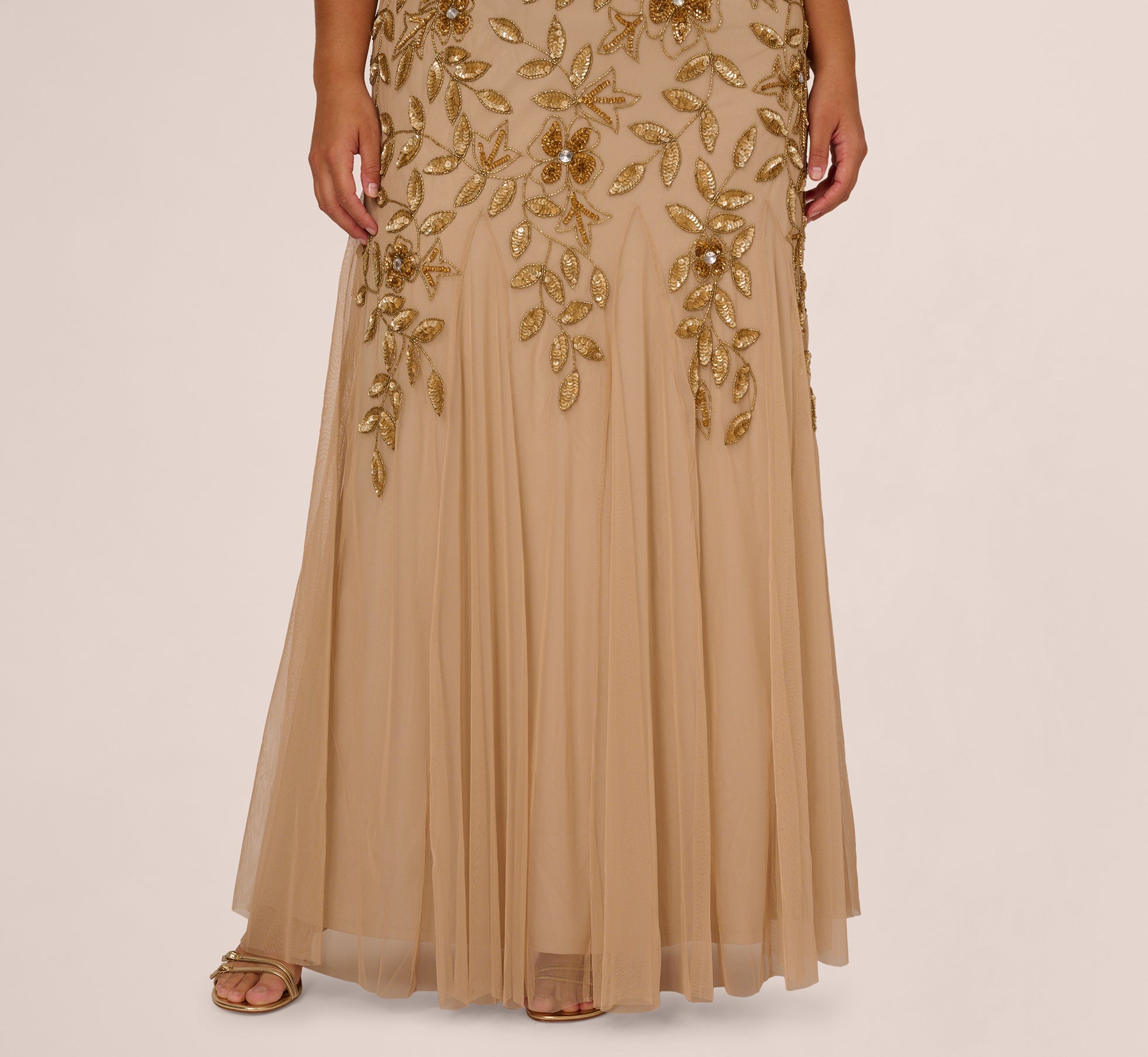 Champagne Gold Plus Size Hand Beaded Short Sleeve Floral Godet Gown