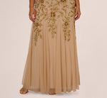 Plus Size Hand Beaded Short Sleeve Floral Godet Gown In Champagne Gold 4