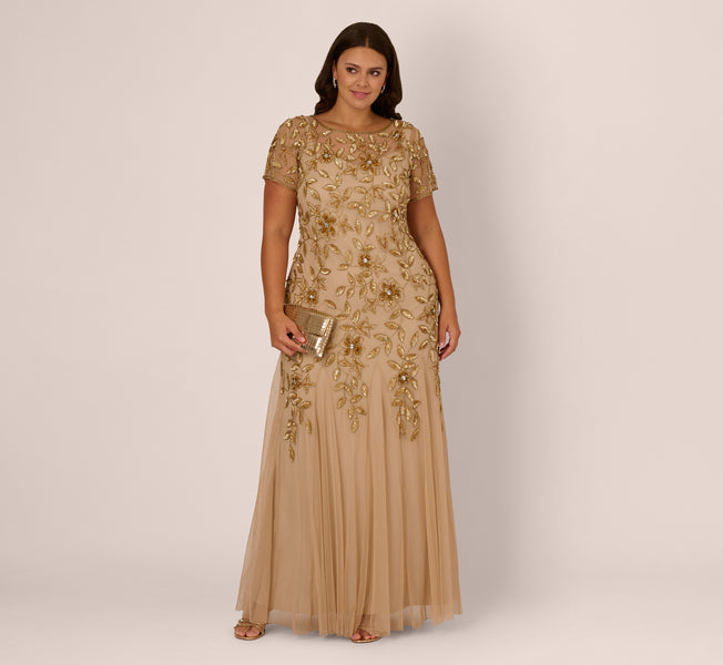 Adrianna Papell Hand Beaded Floral Godet Gown - Champagne Gold