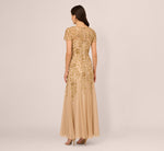 Hand Beaded Short Sleeve Floral Godet Gown In Champagne Gold 5