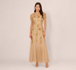 Hand Beaded Short Sleeve Floral Godet Gown In Champagne Gold 2