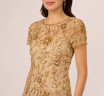 Hand Beaded Short Sleeve Floral Godet Gown In Champagne Gold 3