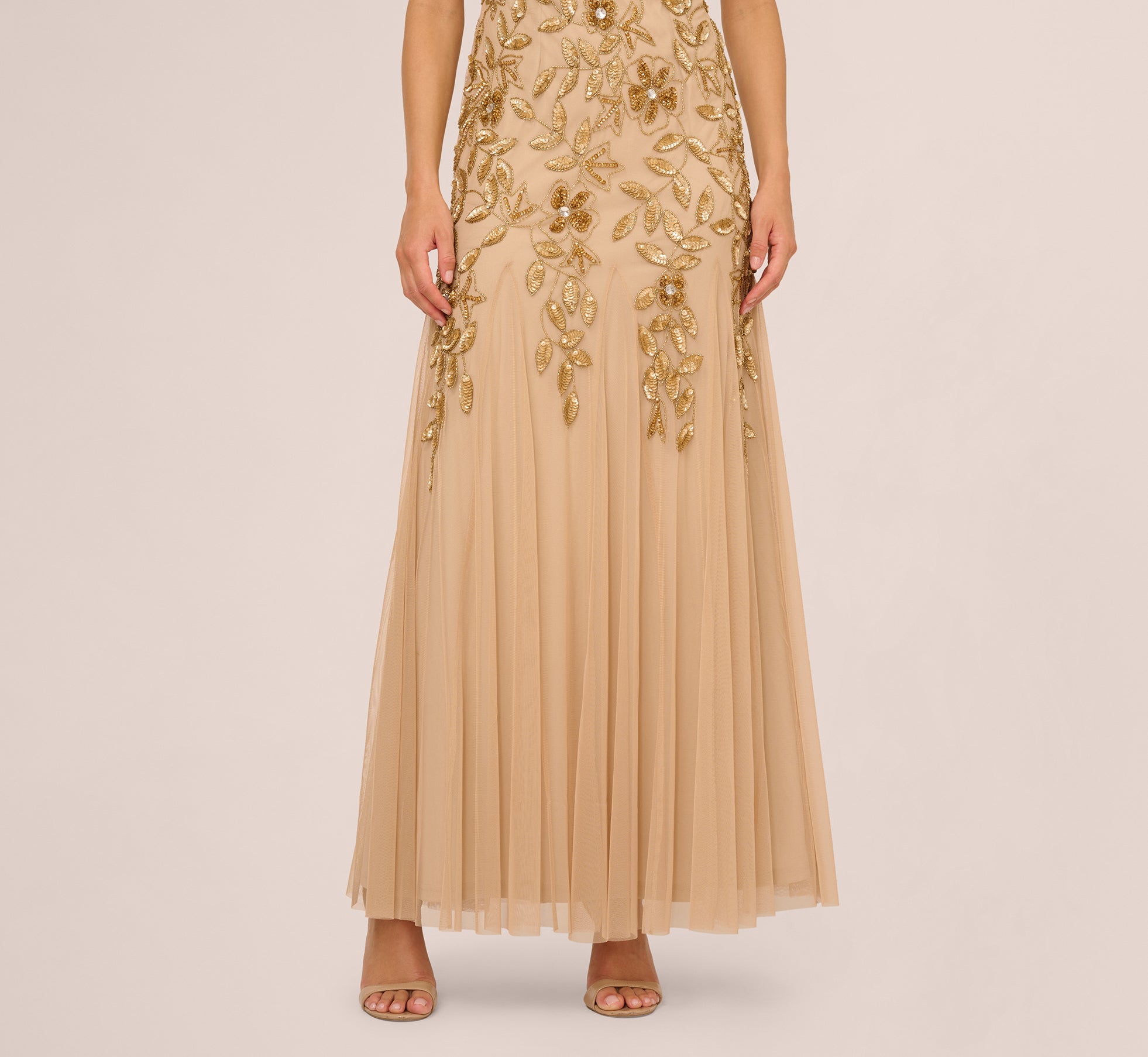 adrianna papell champagne gold dress Hand Beaded Short Sleeve Floral Godet Gown bodycon dress.