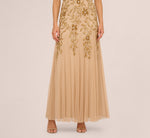 Hand Beaded Short Sleeve Floral Godet Gown In Champagne Gold 4
